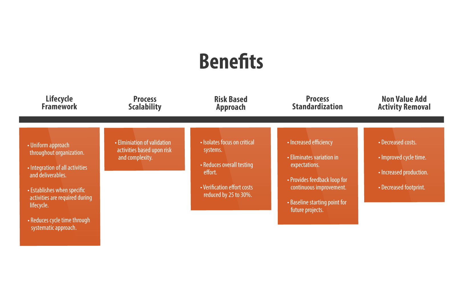 Benefits of Computer System Validation Infographic. Details the lifecycle framework, process scalability, risk based approach, process standardization, and non-value add activity removal.